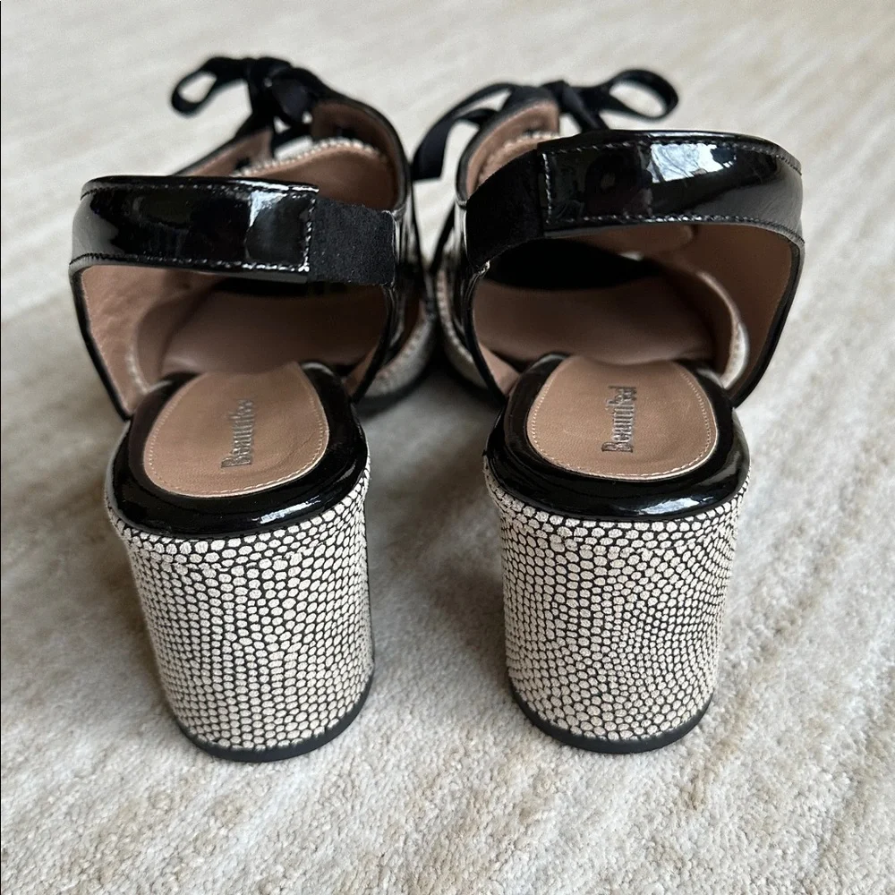 EUC Beautifeel Slingback Peep Toe Lace up Sandals Black Patent Dots EU 40 US 9.5